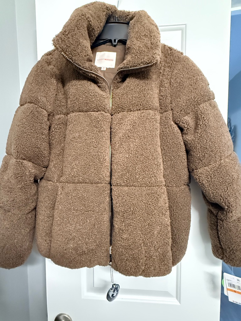 Lucky Brand Missy Faux Fur Teddy Puffer Jacket In Mocha Size S